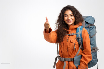 Young indian hiker girl showing thumps up on white background