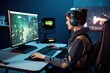professional gamer playing winning space shooter online video game powerful computer pro esports player streaming cyber performing gaming tournament cyberspace using network wireless