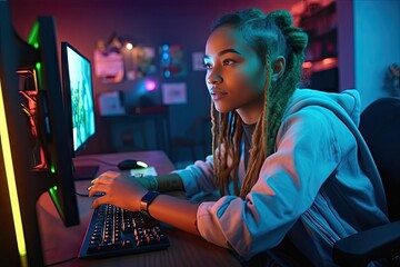 Wall Mural - beautiful excited black gamer girl playing online video game personal computer room pc have colorful warm neon led lights cozy evening home