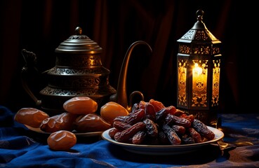 Wall Mural - Ramadan Kareem greeting card with dates and lantern on wooden table
