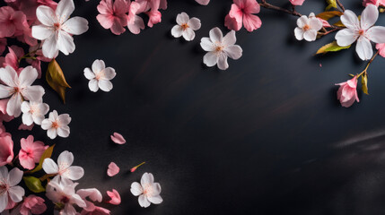 Vibrant pink cherry blossoms scattered on a glossy black surface, creating a striking visual contrast.