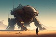 Apocalypse warrior facing giant mechanical beast desert, gital painting style made