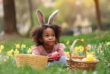 Little Black Girl Wtfring Bunny Ears Gathering Easter Eggs