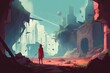 © akkash jpg - Man red robe looking ruins building fantasy land, gital art style illustration painting