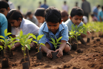 cute indian children group doing plantation.