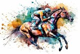 Fototapeta  - Race horse jockey watercolor splatter background Neural network  art