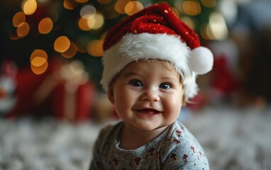 happy smiling baby with Santa hat in Christmas background