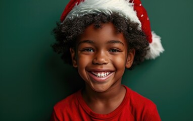 Happy African American kid wearing Santa hat in Christmas background