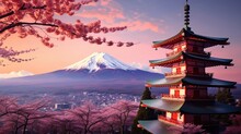 Fujiyoshida, Japan Beautiful View Of Mountain Fuji And Chureito Pagoda At Sunset, Japan In The Spring With Cherry Blossom