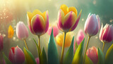 Fototapeta Tulipany - Piękne wiosenne kwiaty, tulipany, w pastelowych kolorach, doskonała dekoracja ścienna, tapeta, generative ai
