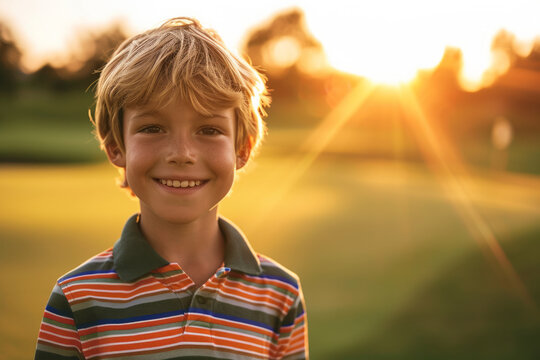 portrait of a caucasian boy at golfing training lesson looking at camera on golf course