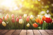 Wooden empty board with defocused colorful tulip spring flowers in background
