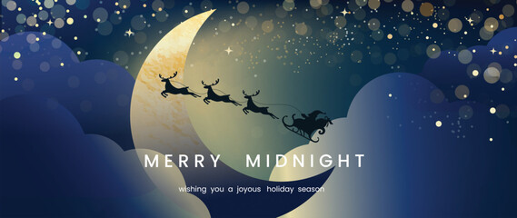 Wall Mural - winter night background vector. hand painted watercolor and gold brush texture, moon, reindeer, sant