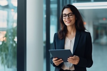 Wall Mural - Portrait of young businesswoman using digital tablet in an office lobby