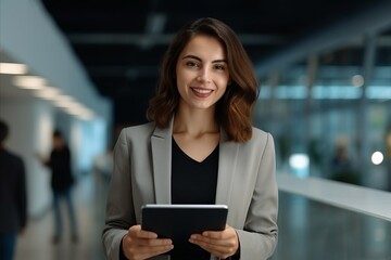 Wall Mural - Portrait of a beautiful businesswoman using tablet computer in modern office