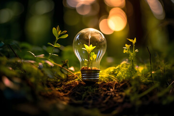 renewable energy light bulb with green energy, earth day or environment protection hands protect for