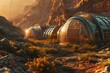 Futuristic living complex with glass domes in desert mountains landscape. Mars colonization. Modern architecture and nature concept. Space exploration concept