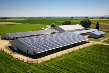 Top view image of a dairy farm with large agricultural land. Install solar panels to generate electricity and provide shade for cows and reduce heat stress