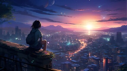 Wall Mural - a girl sitting on the edge of the world. seamless looping time-lapse virtual video Animation Background.
