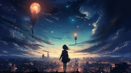 Wall Mural - anime style scene with girl looking at the sky. seamless looping time-lapse virtual video Animation Background.