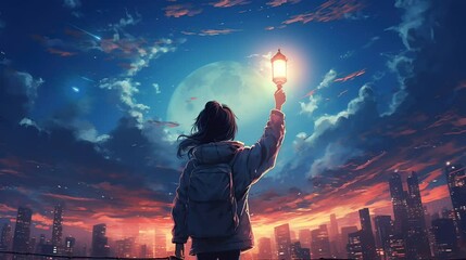Wall Mural - Anime style scene with girl carrying lantern under beautiful sky. seamless looping time-lapse virtual video Animation Background.