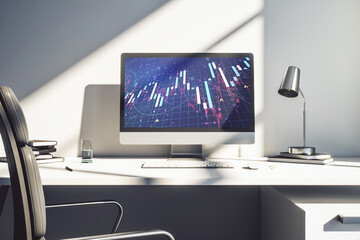 Poster - Modern computer monitor with abstract creative financial chart, research and strategy concept. 3D Rendering