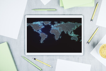 Aufkleber - Top view of abstract world map on modern digital tablet screen, big data and blockchain concept. 3D Rendering