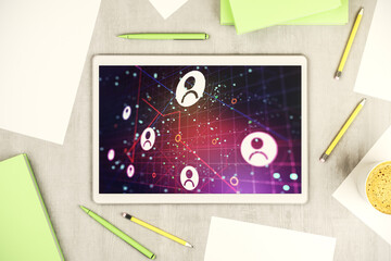 Wall Mural - Modern digital tablet screen with social network icons concept. Networking concept. Top view. 3D Rendering