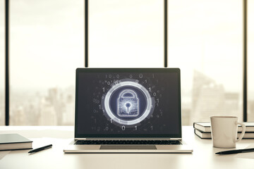 Aufkleber - Creative idea concept with lock symbol and microcircuit illustration on modern laptop screen. Protection and firewall concept. 3D Rendering