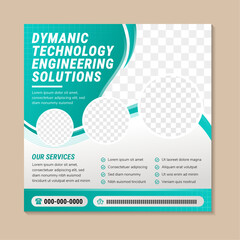 Poster - dynami technology engineering solutions social media post template. promotion square web banner for manufacture factory. green element with grey gradient. space photo collage and text.