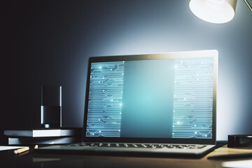 Aufkleber - Creative abstract micro chip hologram on modern computer monitor, artificial intelligence and machine learning concept. 3D Rendering