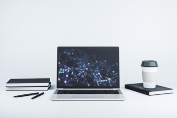 Aufkleber - Creative abstract wireless technology hologram on modern computer monitor, artificial intelligence and machine learning concept. 3D Rendering