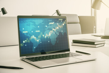Poster - Computer monitor with abstract creative financial graph with world map, financial and trading concept. 3D Rendering