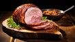 Delicious Homemade of steaming Glazed Easter Spiral Cut Ham on wooden plate isolated dark background