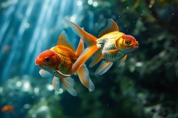 Wall Mural - ively goldfish pair gracefully swimming in a serene, azure aquatic habitat, creating a captivating freshwater aquarium scene, autofocus, cinematic photography generative ai