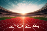 Fototapeta  - 2024 written on red running tracks in stadium, Evening scene, Happy new year 2024, Start up, Future vision and Goal concept