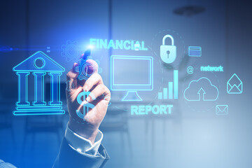 Aufkleber - Close up of businessman hands pointing at creative financial banking interface on blurry office interior background. Marketing, finance and online bank app concept.