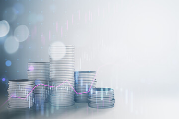 Wall Mural - Abstract stacked coins and forex chart on light background with mock up place and bokeh circles. Money and trade, savings and income concept. 3D Rendering.