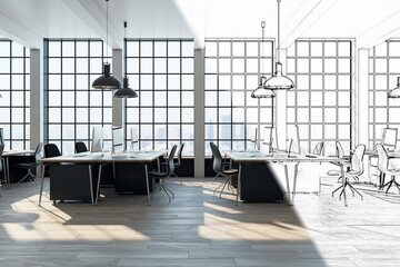 Sketch of modern coworking office interior with large panoramic windows with city view, lamps, wooden flooring and other objects. 3D Rendering.