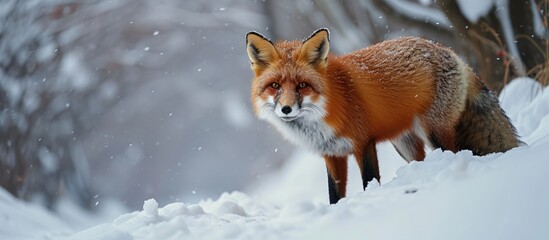 Sticker - Detailed red fox portrait in snowy Zao Mountain, Miyagi, Japan. Predator alertly seeks prey in winter wildlife scene.