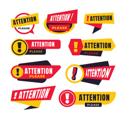 Attention banner set collection, Attention red paper speech bubble. Red danger warning attention label set or exclamation sign in a speech bubble. Red Exclamation mark icon, vector illustration.