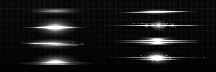 Poster - horizontal white light line with fade effect. realistic vector illustration set of glow flare burst 