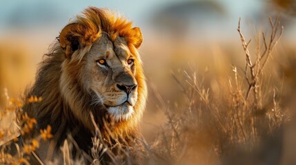 Poster -  a lion standing in tall grass with a blurred background The lion is in focus, while the background is slightly blurred, giving the image a sense of depth