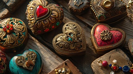 Wall Mural -  a group of heart shaped boxes sitting on top of a wooden table next to other heart shaped boxes on top of a wooden table next to each other heart shaped boxes.