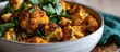Curry-spiced roasted cauliflower in a close-up white bowl.