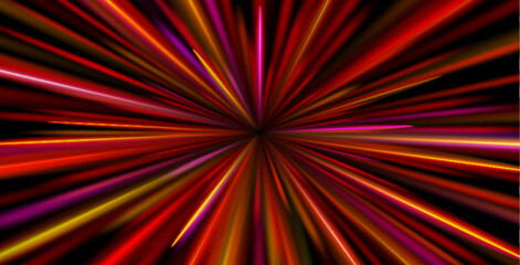 Poster - fast light motion speed effect. vector realistic illustration of abstract neon red, purple rays, cir