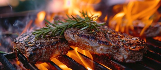 Wall Mural - Cooking flat iron steak on flaming grill with rosemary garnish.