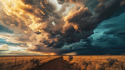 Wall Mural - a dirt road in the middle of a field under a cloudy sky with a sunbeam in the middle of the field.