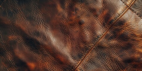 Poster -  a close up of a piece of brown leather with a stitching pattern on the side of the piece of brown leather.