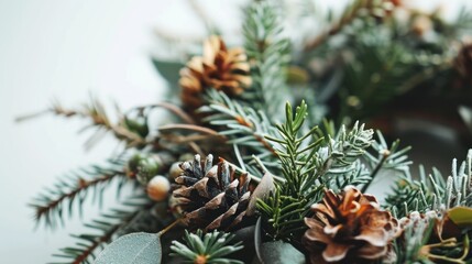 Poster -  a close up of a christmas wreath with pine cones and evergreen needles on a white background with a blurry background.